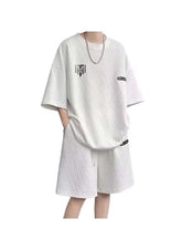 Huitich white summer activewear set for men online featuring textured fabric short sleeve shirt and shorts